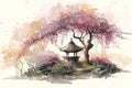 Watercolor painting of pagoda and cherry blossom tree in the park Royalty Free Stock Photo