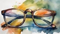Watercolor painting of pair of eye glasses. Abstract hand drawn art. Colorful illustration