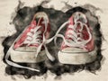 Watercolor painting of pair of worn out red canvas sneakers with laces untied - red and white vintage shoe