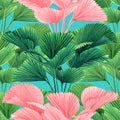 Watercolor painting palm leaf,green ,pink color leaves seamless pattern on blue background.Watercolor summer illustration tropical Royalty Free Stock Photo