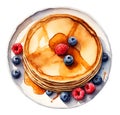 Watercolor and painting pancakes with berries and honey or maple sweet syrup. Homemade dessert bakery Illustration isolated on Royalty Free Stock Photo