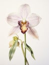 Watercolor Painting of Paphiopedilum Rothschildianum on White Canvas AI Generated Royalty Free Stock Photo