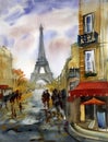 Watercolor painting of Paris street with Eiffel Tower Royalty Free Stock Photo