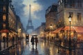 Watercolor painting of Paris street with people walking under umbrellas, Impressionism painting of a town in the evening, AI