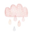 Watercolor Painting with Pastel Pink Cloud and Rain Drops. Cute Nursery Vector Art.