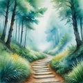 a watercolor painting of a path through a forest with trees on both sides of the path and fog in ther above the