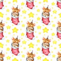 Watercolor painting pattern with a cartoon tiger cub sleeping in a Christmas sock and stars. Royalty Free Stock Photo