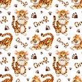 Watercolor painting pattern with cartoon tiger cubs, paw prints and lettering grrr.