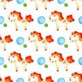 Pony pattern with red mane and circles watercolor