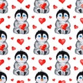 Penguin and hearts pattern watercolor Royalty Free Stock Photo