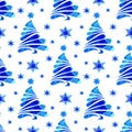 Pattern blue christmas trees watercolor silhouettes Royalty Free Stock Photo