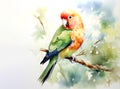 Watercolor painting of peach faced lovebird on a clean background. Bird. Animals. Royalty Free Stock Photo