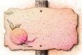 Watercolor painting of peach on old wooden board with grunge texture