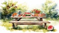 Watercolor Painting Of Picnic Table With Watermelons And Fruits Royalty Free Stock Photo