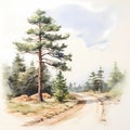 watercolor painting of a pine tree alongside a forest path on white background