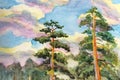 Watercolor painting of Pine trees and clouds sky