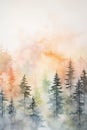 Watercolor painting of pine trees in the fog. Digital art painting of autumn forest, printable artwork Royalty Free Stock Photo