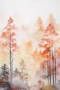 Watercolor painting of pine trees in a foggy autumn forest. Vertical nature wall art. Printable artwork Royalty Free Stock Photo