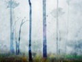 Watercolor painting of pine trees in forest, nature landscape image, digital watercolor illustration, art for wall