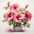 Watercolor Painting Of Pink Hibiscus Flowers In A Vase