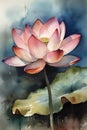 Watercolor painting of pink lotus flower on watercolor background. Royalty Free Stock Photo