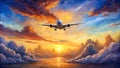 Watercolor Painting of a Plane Taking Off into the Setting Sun generative AI