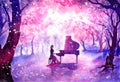 Watercolor Painting - Playing piano under blossom cherry tree