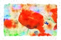 Watercolor painting of poppy flower blossom and flying bumble bee in summer time. frame with dots Royalty Free Stock Photo