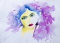 Watercolor painting, portrait, a beautiful young model woman with attractive face. Hand painted illustration. Fashion portrait Royalty Free Stock Photo