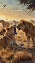 Watercolor painting: A pride of lions competing for food with hyenas, their interactions reflecting the struggle for survival on