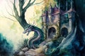 watercolor painting of a princess palace with a dragon tale backdrop