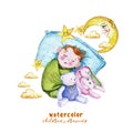 Watercolor painting print children`s illustration with a child in the diaper, the baby is sleeping on the pillow, around the stars