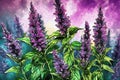 Watercolor painting of purple hyssop flowers, Botanical illustration