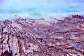 Watercolor painting. Purple rocky shore and blue sea background. Royalty Free Stock Photo