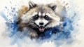 Watercolor painting of a raccoon with its mouth open, AI Royalty Free Stock Photo