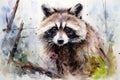 Watercolor painting of raccoon in a meadow. Illustration. Banner, poster, postcard, greeting. Perfect for nature