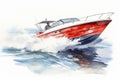 Watercolor painting of a race boat in action scene. Beautiful illustration picture. Generative AI