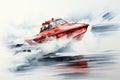 Watercolor painting of a race boat in action scene. Beautiful illustration picture. Generative AI