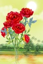 Watercolor painting red bouqet, happy postcard colorful of roses.