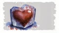 Watercolor painting Red heart frozen inside an tranparent ice block.( Ai generated )