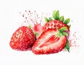 Watercolor painting of red strawberries with green leaves, exuding freshness and artistry