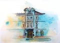 Watercolor painting of retro romantic restaurant, cafe in a small Italian town. Vintage Italy Royalty Free Stock Photo