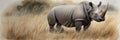 Watercolor painting of a rhinoceros in the grass of the African savannah created by AI.