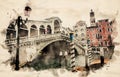 Watercolor painting from The Rialto Bridge in Venice, Italy is the oldest of the four bridges spanning the Grand Canal Royalty Free Stock Photo