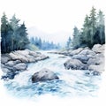 Whistlerian River A Serene Watercolor Landscape In White And Blue