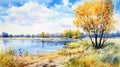 Watercolor Painting Of A Romantic Summer Autumn Landscape