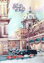 Watercolor painting of Rome Italy famous landmark, old italian i