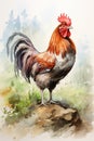 Watercolor painting of rooster zodiac, Vertical image, Generative AI