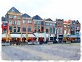 Watercolor painting of row of houses in Delft in the Netherlands