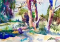 Watercolor painting of rural landscape, plein air aquarelle colorful countryside Royalty Free Stock Photo